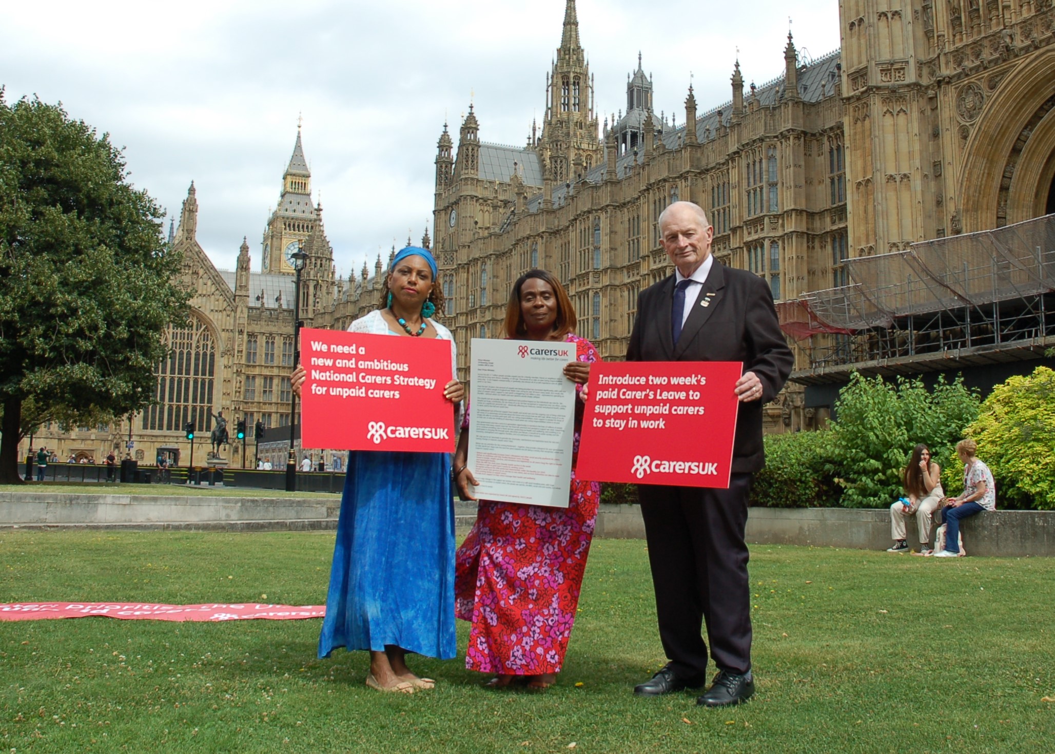 Carers Jaycee, Margaret and Norman outside the Houses of Parliament