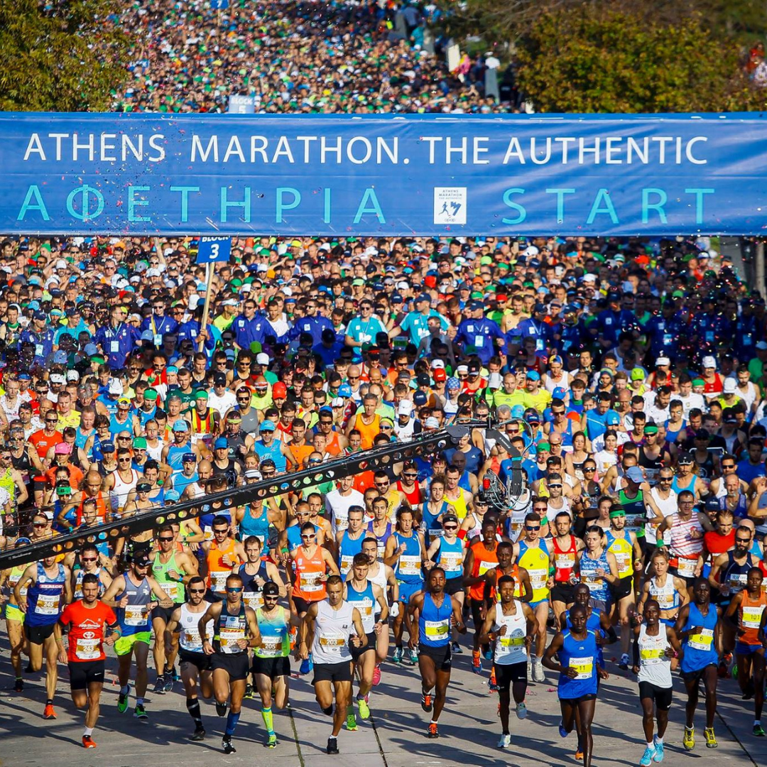 Runners at start line in Athens